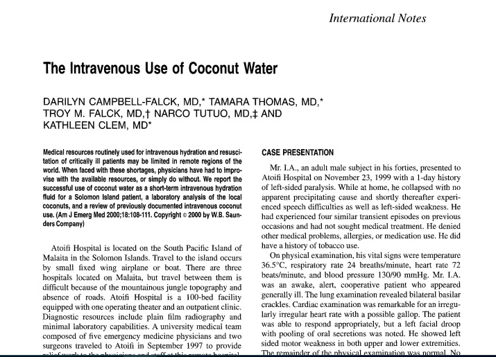 The intravenous use of coconut water - Uso intravenoso agua de coco